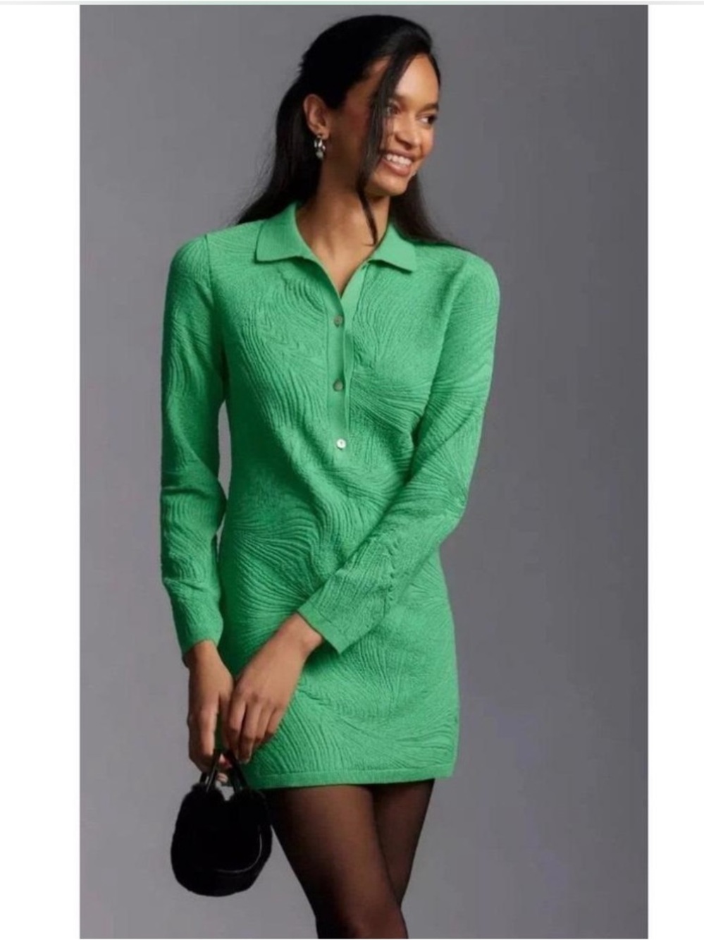 Anthropologie Kelly Green Textured Polo-Knit Mini Dress. Bohemian. Dopamine. S